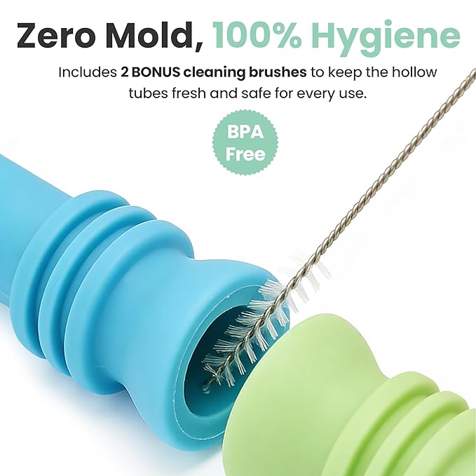 Zuzu 6 Pack Teething Tubes for Babies 3-24 Months with 2 Cleaning Brushes - Hollow Teether Chew Straw Sensory Toys, BPA Free Food Grade Silicone, CPC Certified Baby Teething Sticks for Infants