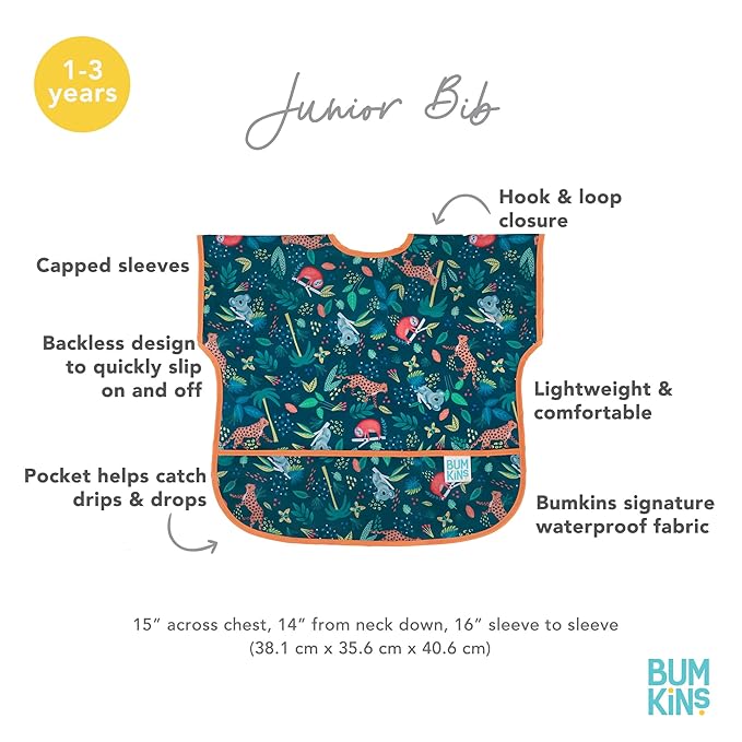 Bumkins Short Sleeve Bib for Girl or Boy, Toddler and Kids for 1-3 Years, Large Size, Essential Must Have for Junior Children, Eating, Mess Saving Soft Fabric Apron for Play, Jungle