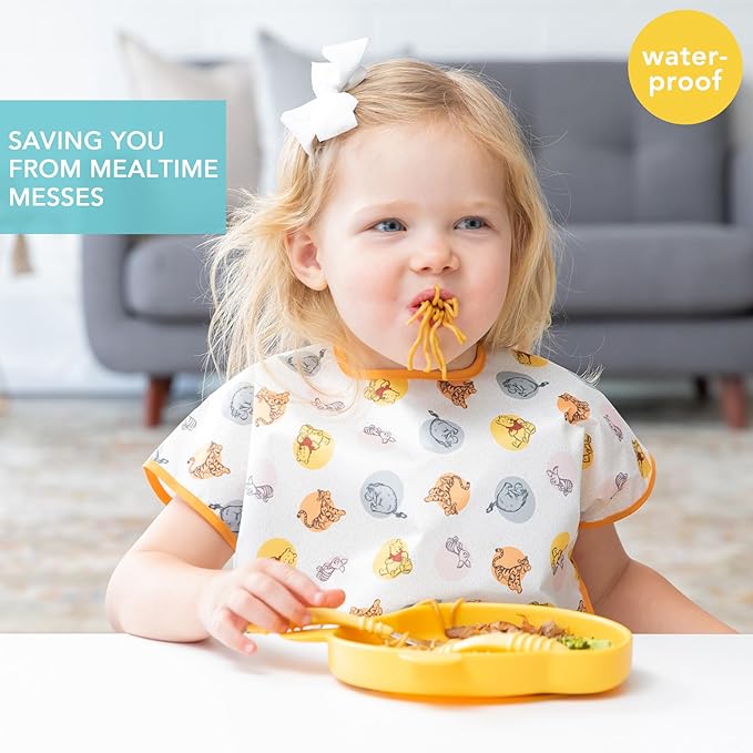 Bumkins Disney Short Sleeve Bib for Girl or Boy, Toddler and Kids for 1-3 Years, Large Size, Essential Must Have for Junior Children, Eating, Mess Saving Soft Fabric Play Apron, Winnie and Friends