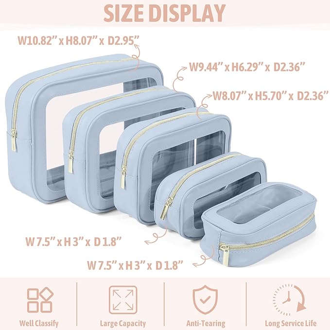 5PCS Clear Toiletry Bag,TSA Approved Travel Makeup Pouch with Zipper for Cosmetics and Toiletries，Diaper Bag Organizer Pouch Set，Women's Purse Organizer and Clear Car Bag