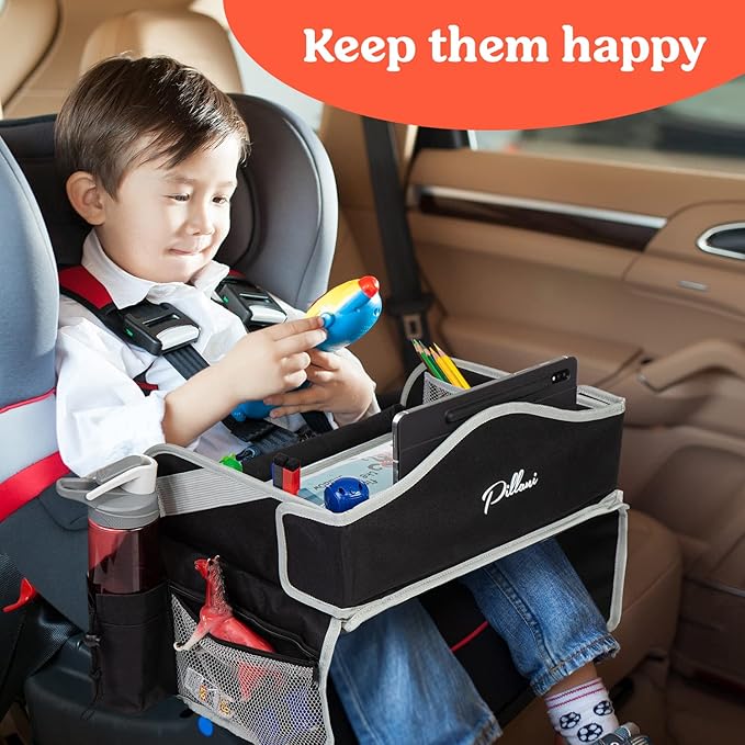 PILLANI Kids Travel Tray for Car - Car Seat Tray/Table for Kids Travel, Roadtrip Activities , Road Trip Essential Accessories, Must Have Toddler Lap Desk Organizer for Airplane