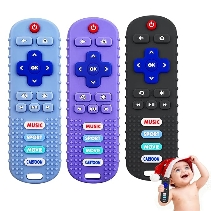 3 Pack Baby Silicone Teething Remote-Food-Grade Teether Remote Control Toy for 6-12 Months, Teething Relief&Chew Toy for Babies, Ideal Gift for Boys Girls Birthday Christmas (Blue&Black&Purple