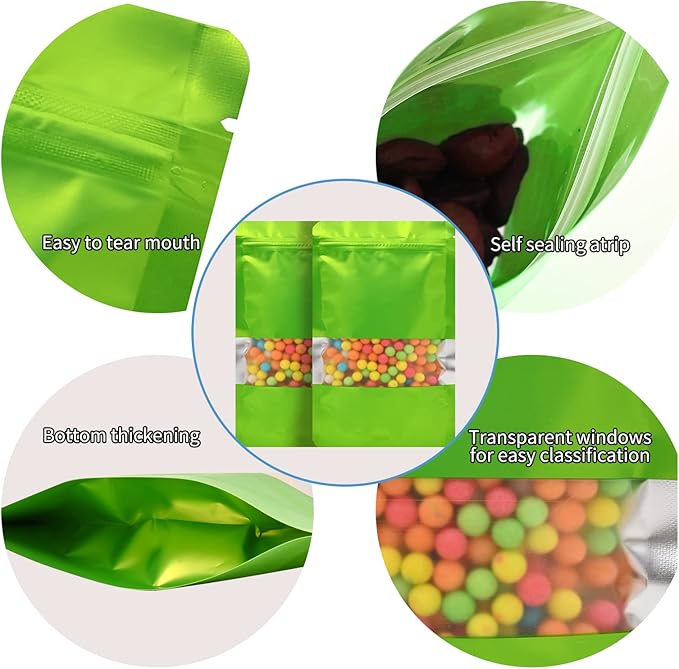 100 Mylar Bags, Resealable Foil Pouch with Clear Window, Stand-up Food Storage Bags, Green, 3.5 x 5 Inch