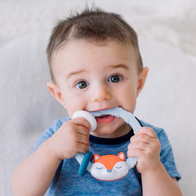 Itzy Ritzy Silicone Teether with Rattle; Rattle Teether Features Rattling Sound, Two Silicone Teething Rings and Raised Texture to Soothe Gums; Ages 3 Months and Up (Fox)
