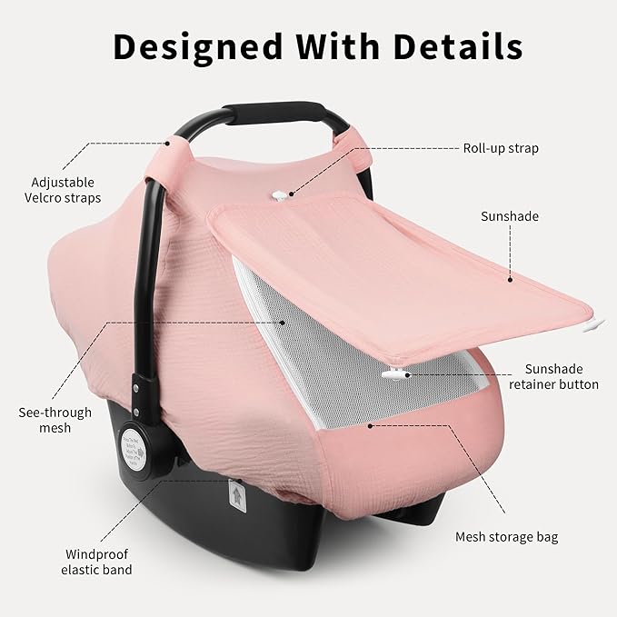 Rquite Car Seat Cover Baby, Carseat Covers Girl Boy, Breathable Muslin Cotton, Large Mesh Window, Infant Car Seat Canopy Baby Carrier Cover Stroller Sun Shade for Summer & Hot Day, Pink