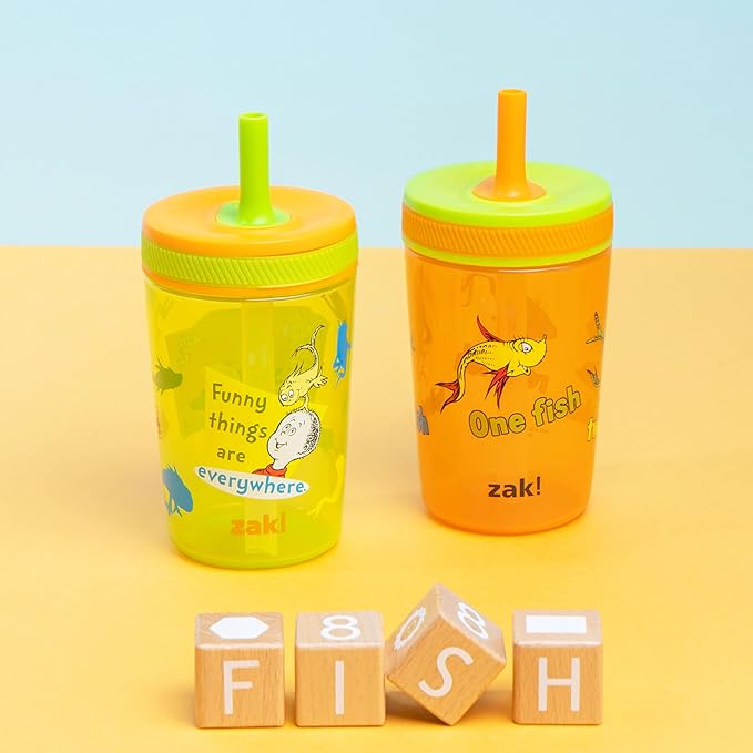 Zak Designs Dr. Seuss Kelso Toddler Cups For Travel or At Home, 15oz 2-Pack Durable Plastic Sippy Cups With Leak-Proof Design is Perfect for Kids (One Fish, Two Fish)
