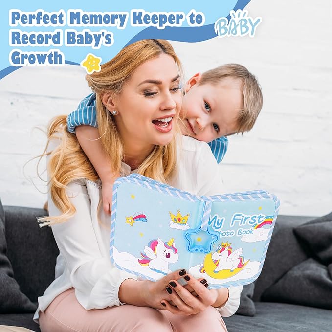 Lanpn Baby Photo Album Holds 17 4x6 Pictures, My First Soft Cloth Family Photo Book with Name Card & Name Tag Sticker, Fabric Kid Memory Keepsake Gift for Baby Shower Newborn Toddler Boy (Unicorn)