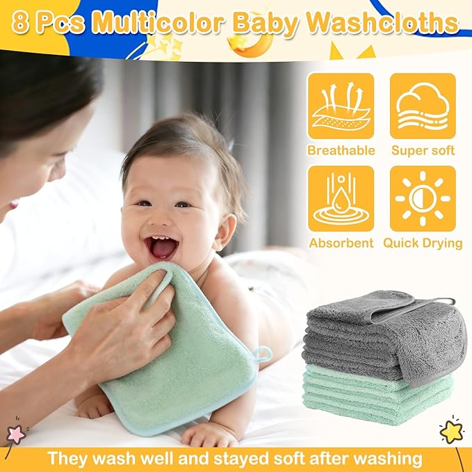 12 Pcs Baby Towel Set, Soft Baby Bath Towels and Washcloths Set, 2 Pcs Hooded Baby Towel, 2 Pcs Baby Burp Cloths and 8 Pcs Baby Washcloths for Infants, Toddlers and Kids (Dinosaurs & Elephants)