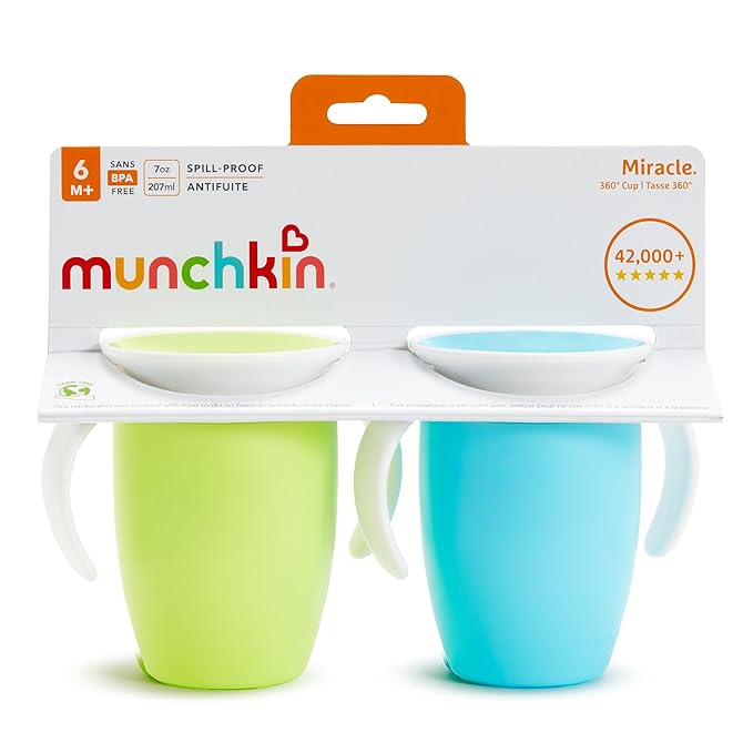Munchkin Sippy Cup for 6 Month Old and Up, Spill Proof Miracle 360 Toddler Cups with Transition Handles, 7 Ounce, 2 Pack, Blue/Green