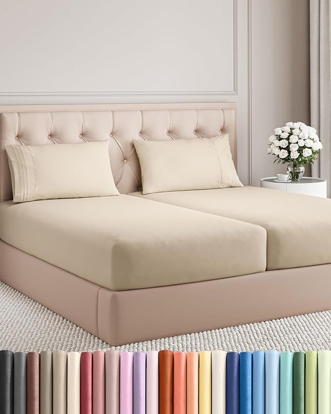 Split King Size 5 Piece Sheet Set - Comfy Breathable & Cooling Bed Sheets Set - Hotel Luxury Bedding for Women, Men, Kids, Teens, Boys & Girls - Deep Pockets, Soft and Wrinkle Free - Oeko-Tex - Wheat