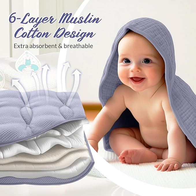 6 Pcs Muslin Hooded Bath Towels Washcloths and Bibs Set, Muslin Cotton Baby Towels Absorbent Hooded Blanket Towel Infant Bibs for Boys Girls Newborn Infant Essential(Light Blue, Light Green)