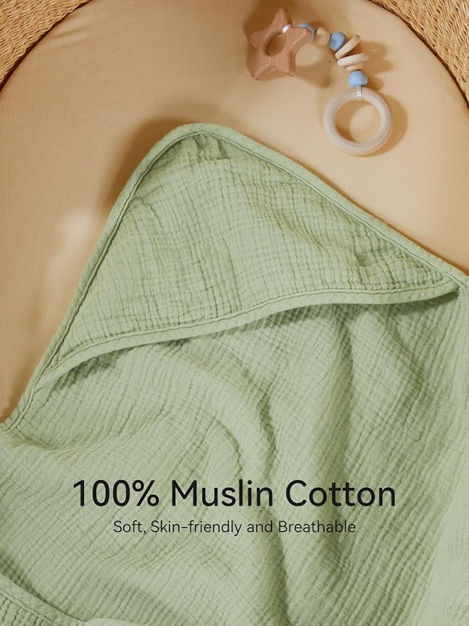 TILLYOU Muslin Hooded Baby Towels for Newborn 2 Pack, 32x32Inch Soft Baby Bath Towel Highly Absorbent for Newborn and Infant, Essential for Newborn Care, Forest Green and Light Green