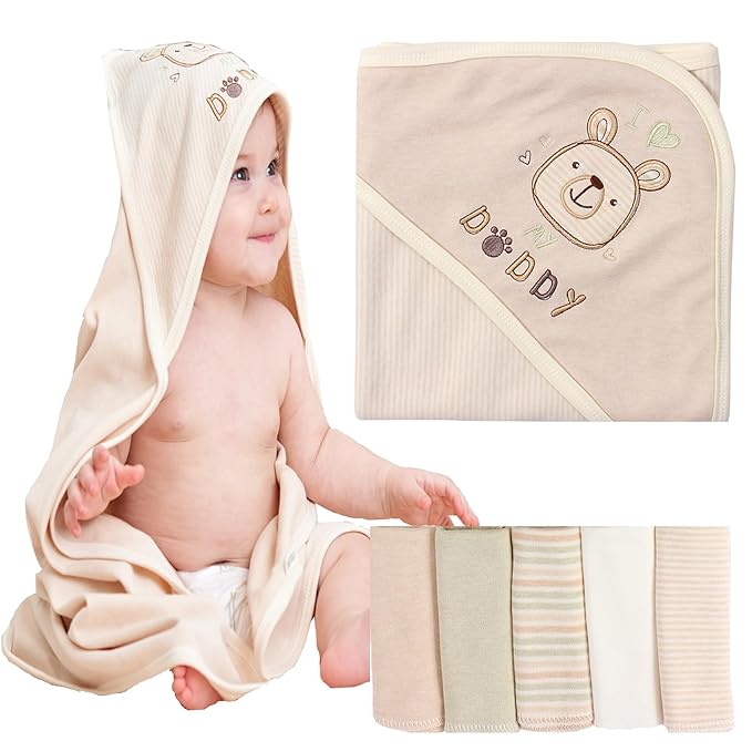 6 Pack Organic Cotton Baby Bath Set, Ultra Soft Embroidered Hooded Towel and 5 Washcloths, Premium Gentle Newborn, Toddlers Gift for Sensitive Skin, Brown 30 x 30 Inch
