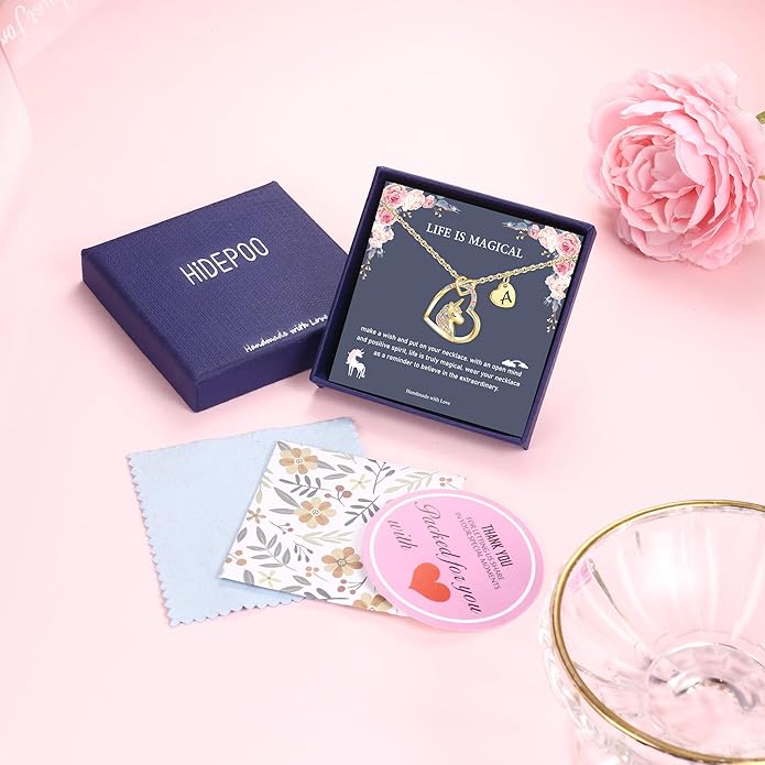 Hidepoo Valentines Gifts for Kids Girls - Unicorn Necklace Gifts for Teen Girls Kid, Colorful CZ Heart Pendant Initial Unicorn Necklaces for Girl Jewelry Birthday Gift for Girl Kid