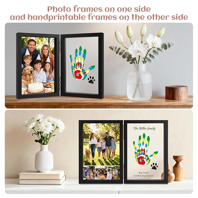 Family Handprint Kit, DIY Baby Hand and Footprint Handmade Keepsake Wooden Frame, Family Gifts with 6 Non-Toxic Baby-Safe Paint, Ideas Gift for New Parents, Grandparents, Father's Day, Mother's Day