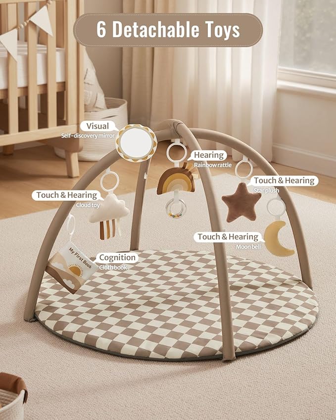 Blissful Diary Baby Play Gym Mat, Play Mat Activity Mat with 6 Detachable Toys for Stage-Based Sensory & Motor Skill Development, Easy to Install & Clean, Baby Essentials Gift, Brown Checkerboard