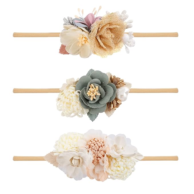 Baby Girl Headbands Nylon Flower Elastic Hairbands 3pcs Hair Accessories Gift for Newborn Infant Toddlers (93#)