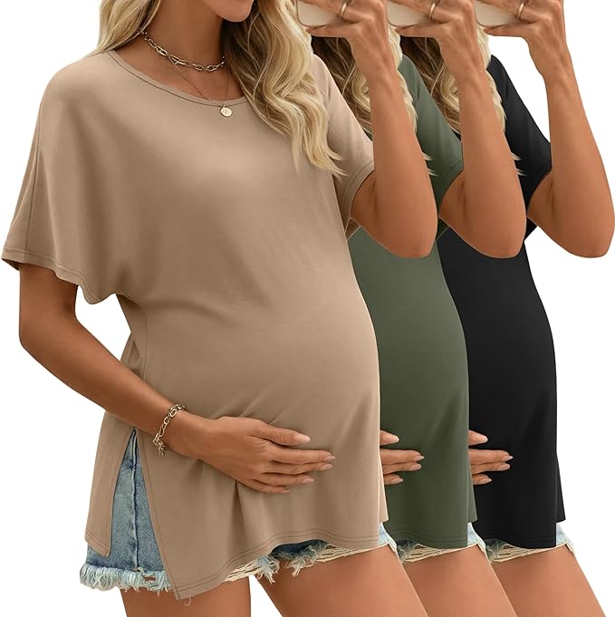 Riyiper 3 Pack Women's Maternity Tunic Shirts Cotton Summer Pregnancy Clothes Loose Oversized Split Side Blouse Tops