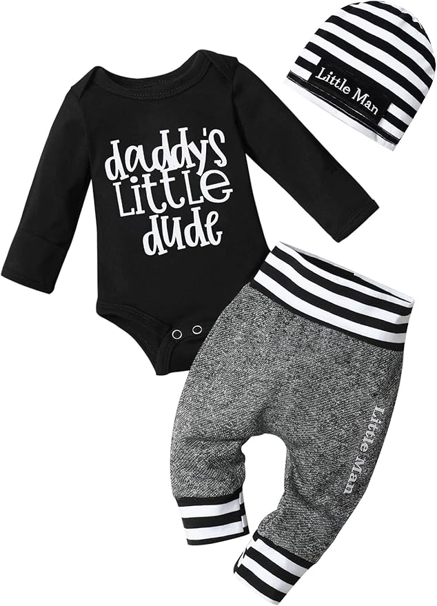Fommy Newborn Baby Boy Clothes New to The Crew Letter Print Romper+ Pants+Hat 3PCS Outfit