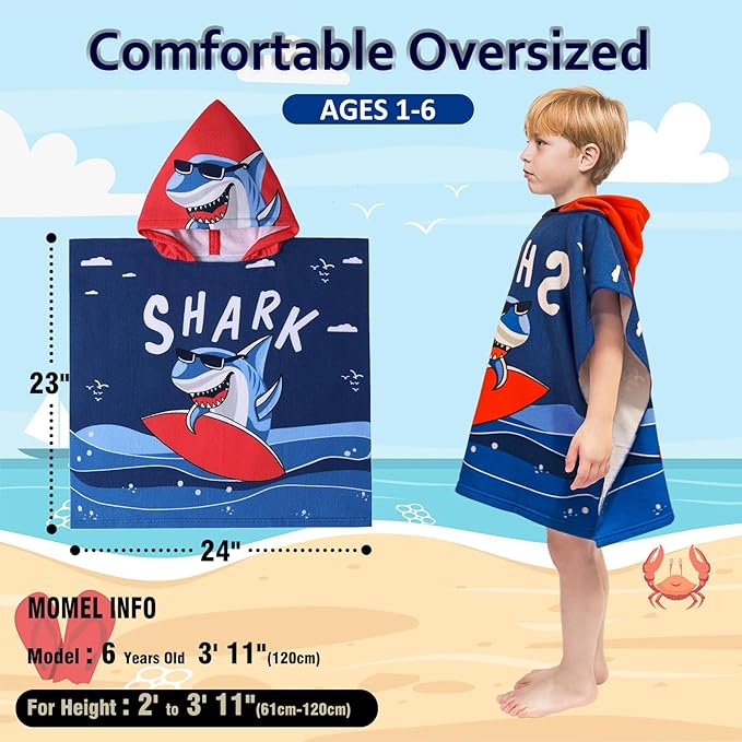 Hooded Kids Beach Towels - Toddler Bath Towel Girls Boys Swim Cover-ups for Ages 1 to 6 Kids Pool Towels Quick Dry Lightweight Soft Microfiber Poncho Towel 24x23 (Shark Surfing)