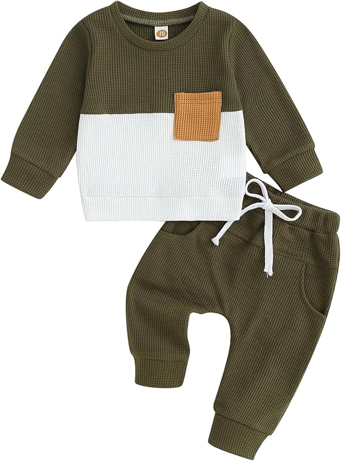 Toddler Baby Boy Fall Outfit Long Sleeve Crew Neck Contrast Color Sweatshirt Top Pant Cute Newborn Infant Waffle Clothes