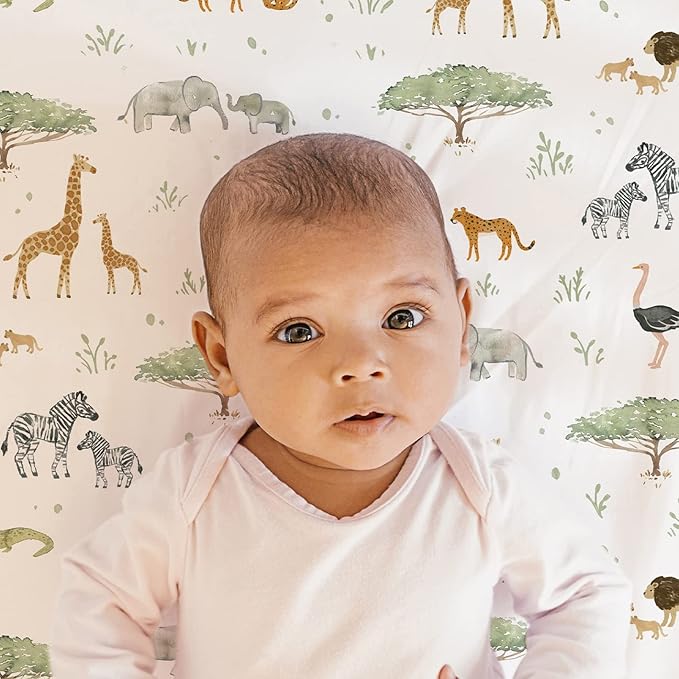 Baby Bassinet Sheets for Boy, Girl (Safari Adventures) 2-Pack - Fitted Bedside Bassinet Sheets - Buttery Soft Cotton Blend for Standard Mattress Pad