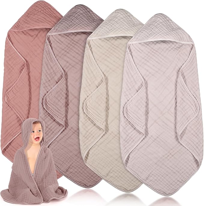 Peryiter 4 Pcs Muslin Hooded Baby Towels 32x32inch Cotton Newborn Bath Essentials Muslin Infant Blankets Absorbent Registry Baby Shower Present for Babies Girl Boy Kids (Beige Series)