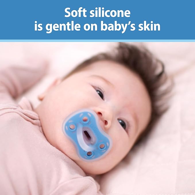 Dr. Brown's Advantage One-Piece Silicone Baby Pacifier, Fully Symmetrical Soother, Blue/Light Blue/Gray, 0-6m, BPA Free, 3 Pack