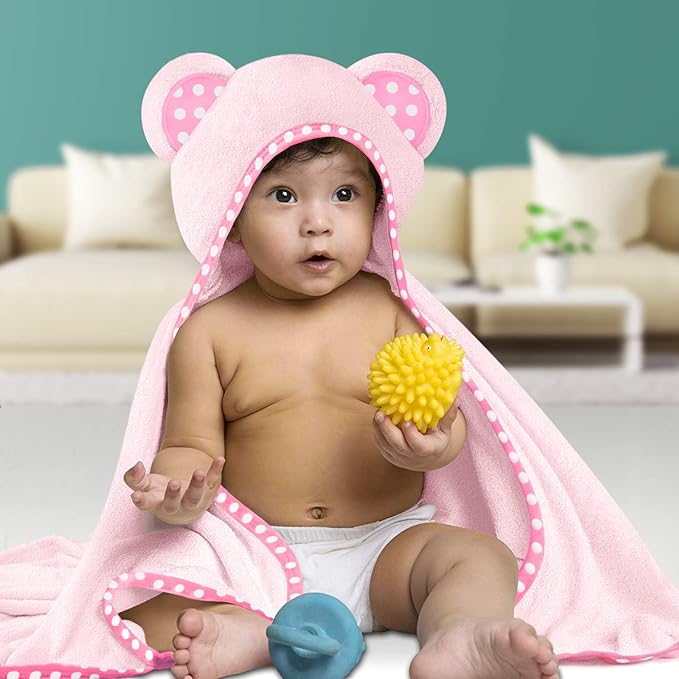 Set of 2 Hooded Baby Towels – White and Pink – Luxurious, Large and Super Absorbent – 30 x 30 Inch – Soft and Suitable for Infants, Toddlers and Kids – 400 GSM