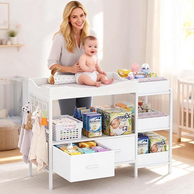 Baby Changing Table with Storage,Heavy-Duty Diaper Changing Station, White Nursery Dresser Organizer with 2 Large Fabric Baby Drawers, 3 Diaper Caddy Bin & Wood Shelf, Kids & Baby Bedroom Furniture