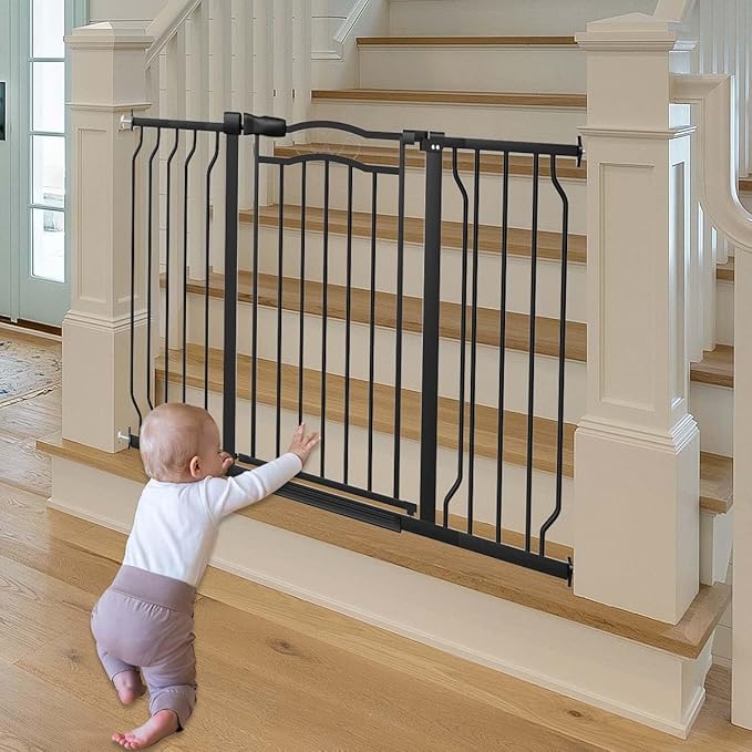 Fairy Baby 53.1"-62.5" Extra Wide Baby Gates for Stairs & Doorways, Pressure Mounted Baby Safety Child Gate No Drill, Long Dog Gate with Door Walk Thru, Metal Auto Close Large Pet Gate Indoor, Black