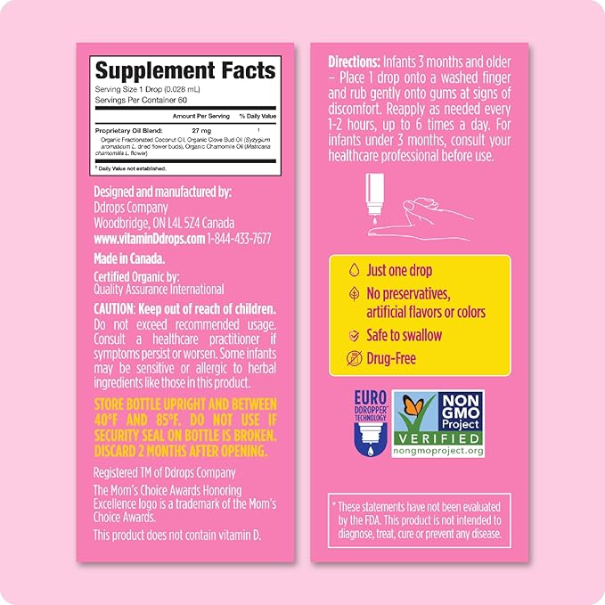 Ddrops Organic Baby Teething Liquid Drops, for Ages 3 Months+, 60 Drops, 0.06 fl oz (1.7 ml)