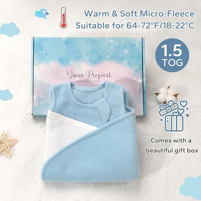 ZIGJOY Swaddle Sleep Sack Newborn 1.5 Tog Fleece Wearable Blanket Baby 6-12 Months - Lightweight MicroFleece Winter Sleeping Sacks Bag for Infant Girl Boy Gifts, Blue