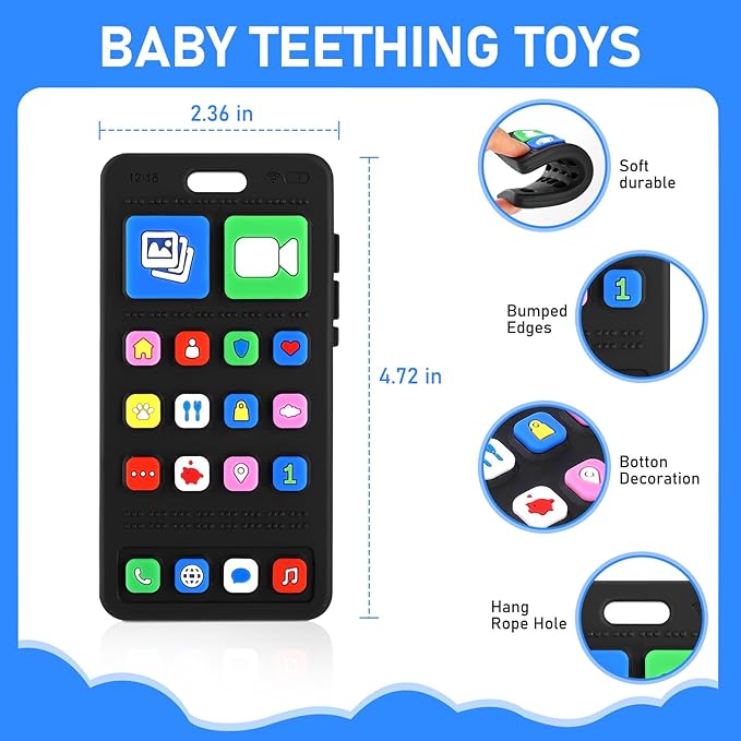 VoMii Teething Toy for Baby 3 6 12 18 Months, Realistic Mobile Phone Baby Teether Toy, Baby's Chew Toys, Food Grade Silicone Teething Toys for Infants, BPA Free, for Babies Gum Relief