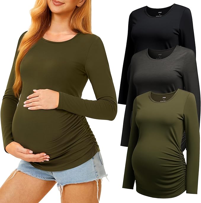 3 Pack Maternity Shirts Long Sleeve Pregnancy Top for Women with Crew Neck Casual Tee Shirts