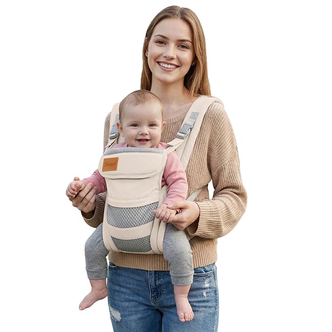 Baby Carrier Newborn to Toddler(7-30lbs), Toddler Carrier with Adjustable Shoulder Strap, Baby Holder Carrier with Breathable Mesh Fabric, Beige