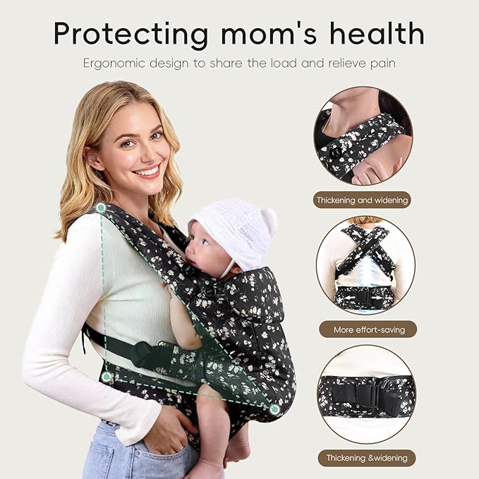 FRUITEAM Baby Carrier, Toddler Carrier with Adjustable Seat Size, Comfortable & Ergonomic Baby Carrier Newborn (7-25 LBS), Easy to Wear, Travel and Hiking Friendly (Black Floral)