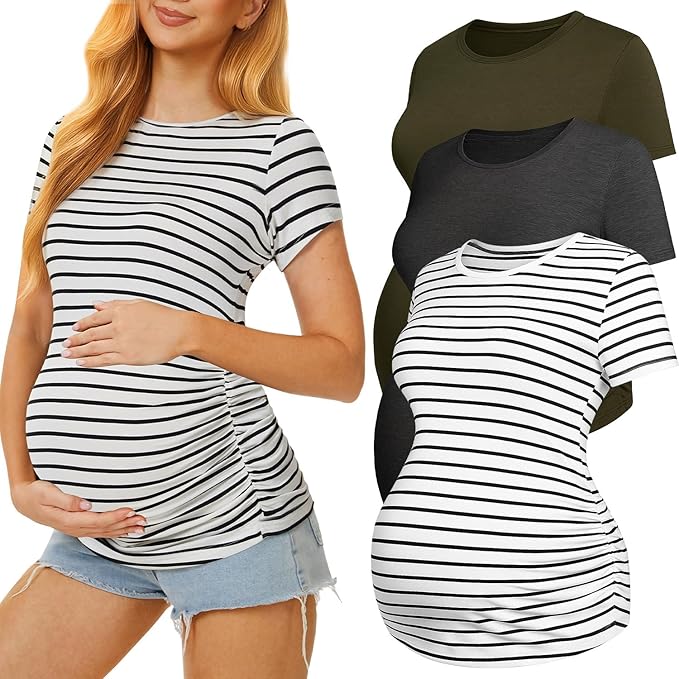 3 Pack Womens Maternity Shirts - Crew Neck Maternity Top Short Sleeve Pregnancy Tee Shirts