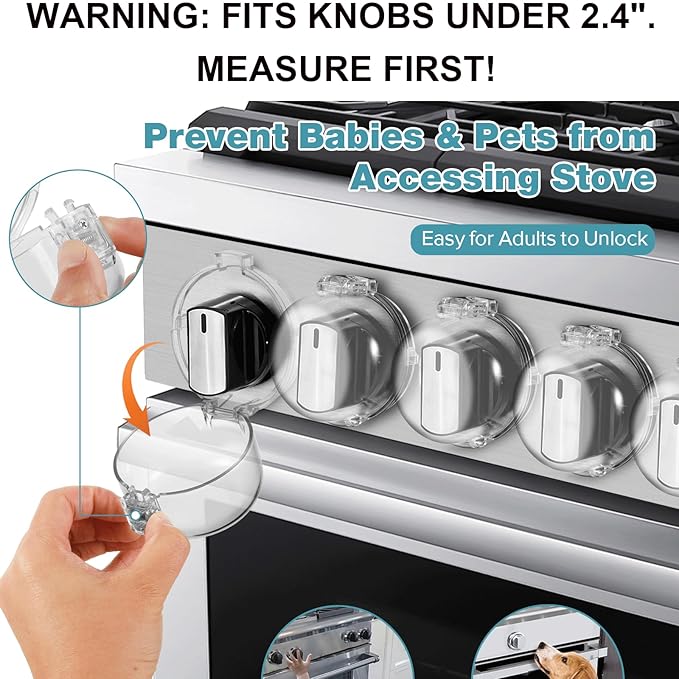 Stove Knob Safety Covers, for Knob Diameter Less Than 2.4", Press Gas Stove Knob Locks, Unlock with Two-Finger, Oven Knob Covers for Child Safety, Clear, Pack of 5