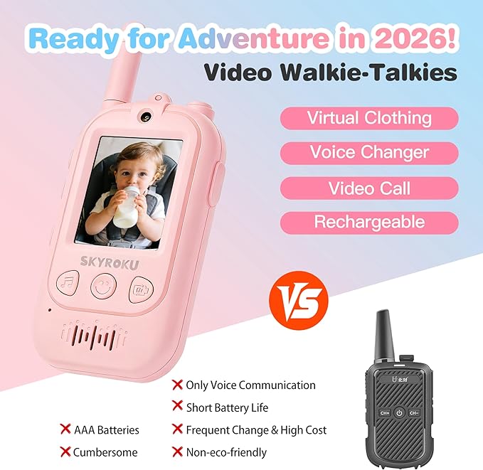 SKYROKU 2nd-Gen Video Walkie Talkies for Kids, 2000ft Long Range Rechargeable Walky Talkies, AI Virtual Costumes & Voice Changer, Outdoor Camping Toys Gift for Boys Girls Ages 3-12 (Pink 2 Pack)