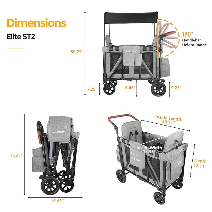 Elite 2 Seater Wagon Stroller for Kids, Foldable Stroller Wagon with Removable Seats & Canopy, 5-Point Safety Harness, Adjustable Handle, Light Grey
