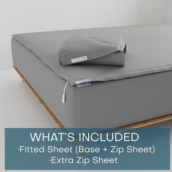 QuickZip Fitted Plus Spare Bundle: 1 Fitted Sheet (Base + Zip Sheet) & 1 Zip Sheet - Easy to Change, Won’t Pop Off - Soft Sateen 400 TC 100% Cotton 15” Deep Pockets Twin XL Size Sheets – Slate Gray