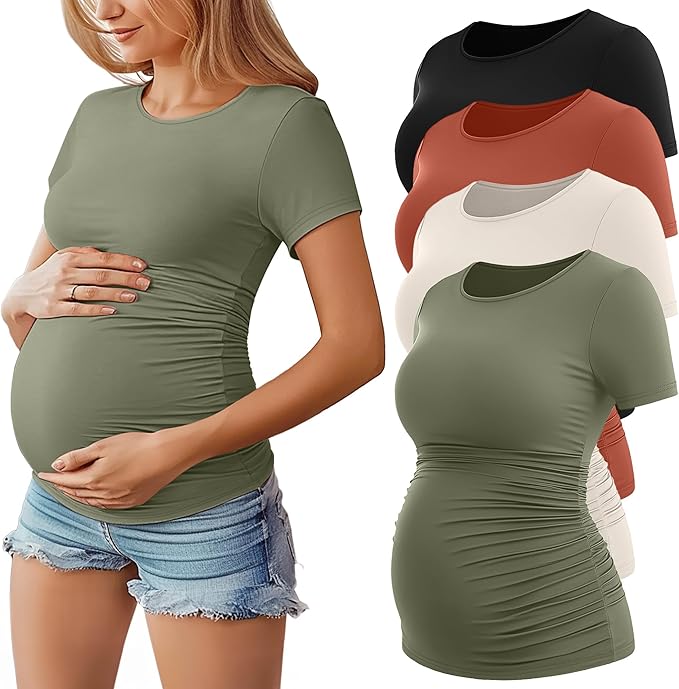 Huukeay 4 Pack Women's Maternity Shirts, Crew Neck Maternity Top Short Sleeve Casual Cotton Tee Side Ruched Pregnancy Clothes