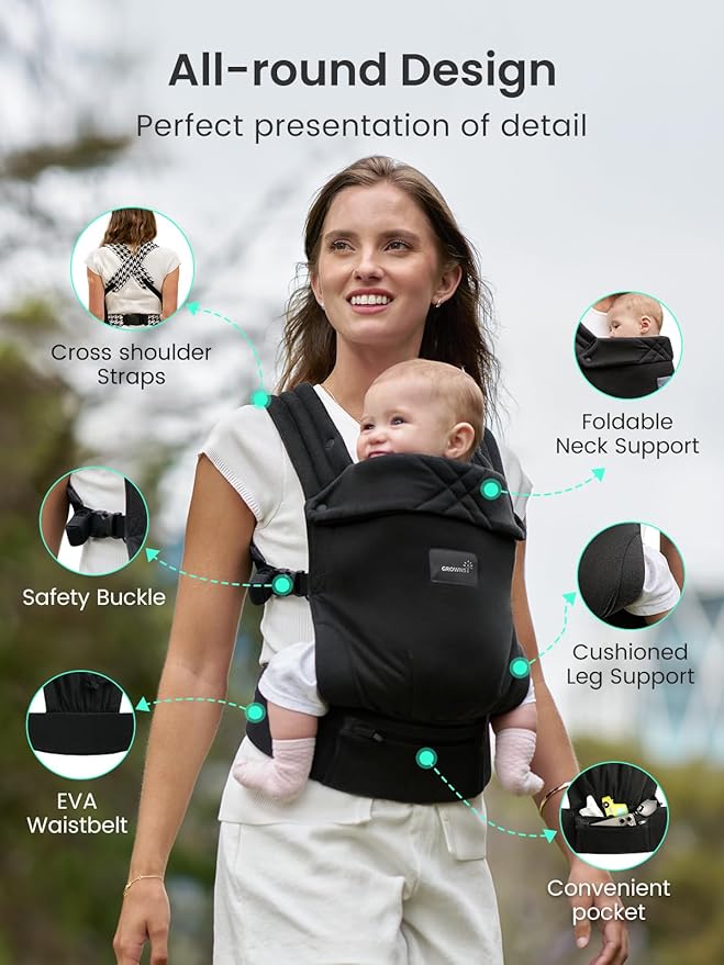 GROWNSY Baby Carrier Newborn to Toddler, Lightweight Ergonomic 7-44 lbs Newborn Carrier with Head Support, Easy to Wear Hands Free Infant Carrier for 0-36 Months, Black