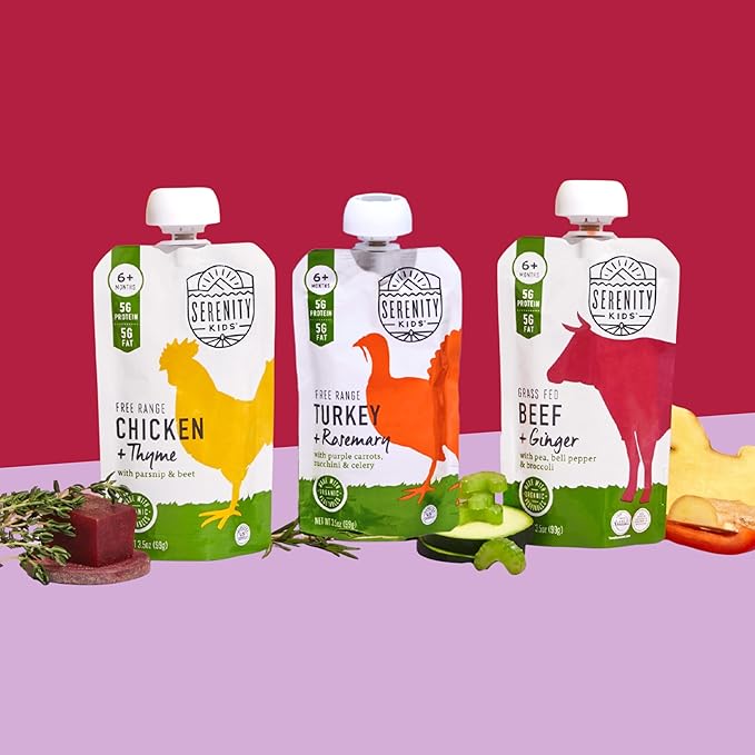 Serenity Kids 6+ Months Beef & Ginger Baby Food Puree Pouches - Grass Fed Beef & Organic Vegetables - Protein-Packed Meat Baby Food - Veggie-Rich Peas & Bell Pepper Blend - 3.5 Oz, 6 Pack