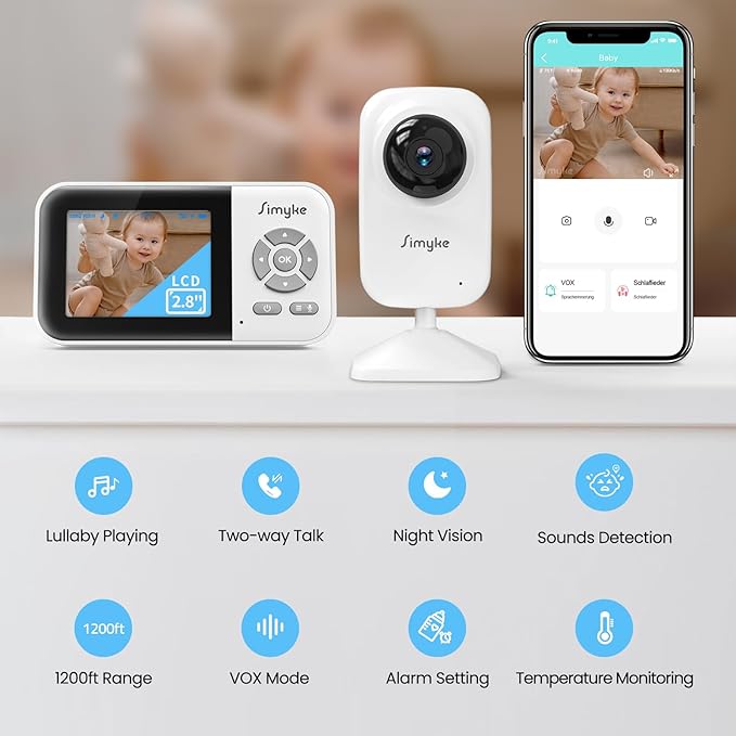 Video Baby Monitor with Camera,No WiFi 1200ft Long Range,APP Mode,2.8" Plug & Play Diaplay, Auto Night Vision,5 Lullabies Portable Sound Monitor,Room Use,Feeding Timer,2-Way Talk,for Baby/Elderly/Pet
