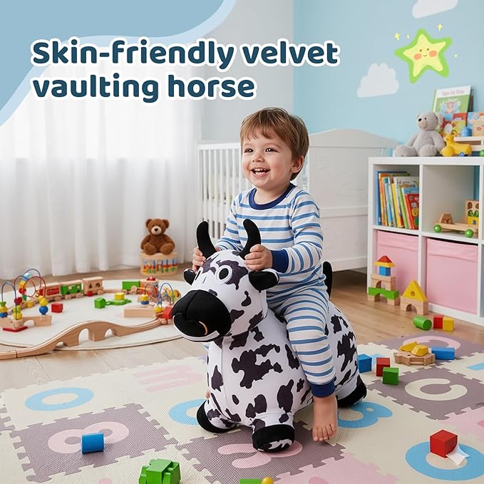 Inflatable Hopper Cow with Pump, Plush-Covered Bouncy Cow Seat for Indoor/Outdoor Use, Farm-Themed Décor and Photo Prop