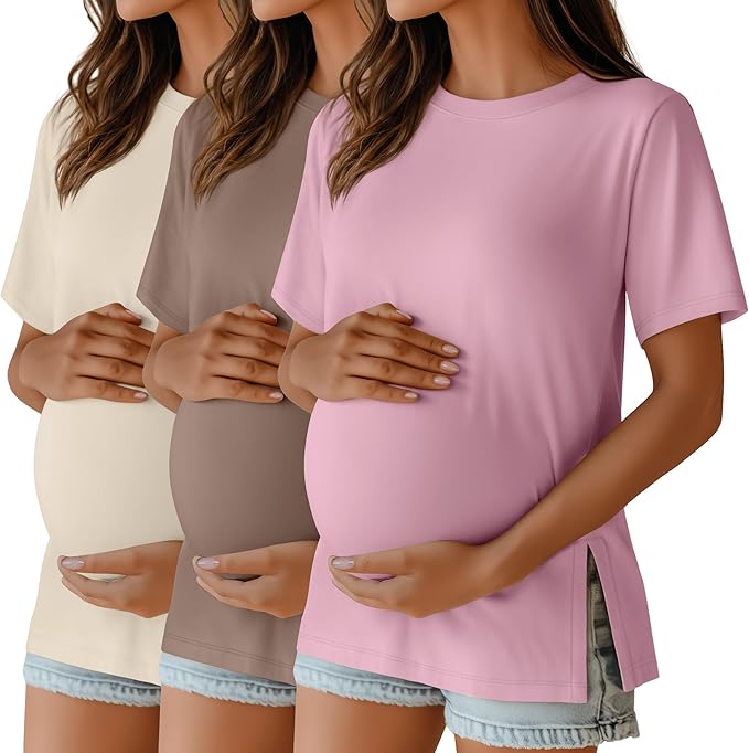 Ficerd 3 Pack Women's Maternity T Shirts, Short Sleeve Side Split Pregnancy Tops Casual Crew Neck Pregnant Tees Mama Clothes