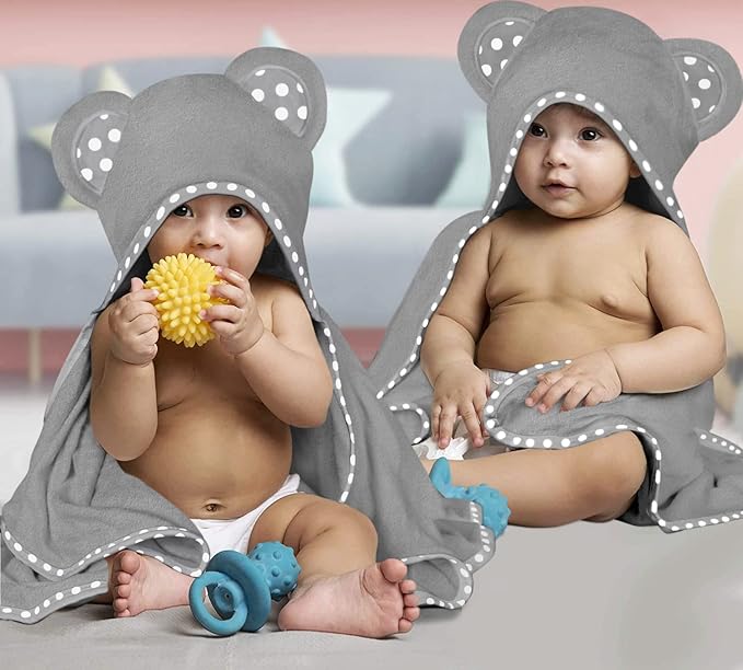 Set of 2 Hooded Baby Towels – Grey – Luxurious, Large and Super Absorbent – 30 x 30 Inch – Soft and Suitable for Infants, Toddlers and Kids – 400 GSM