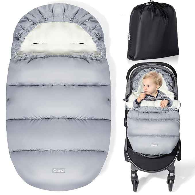 Orzbow Universal Stroller Bunting Bag, Winter Baby Footmuff for Strollers, Warm Coral Fleece Stroller Winter Cover for Cold Weather, Waterproof & Windproof, Baby Essentials Must Have, Light Grey
